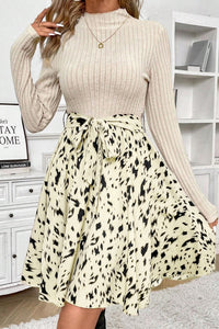 Beige Ribbed Knit Patchwork Printed Belted A-line Dress - Modestly Vogue 