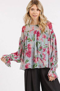 Boho Chic Mittoshop Floral Round Neck Flounce Sleeve Blouse – Chic Feminine Floral Top with Flounce Sleeves - Modestly Vogue 