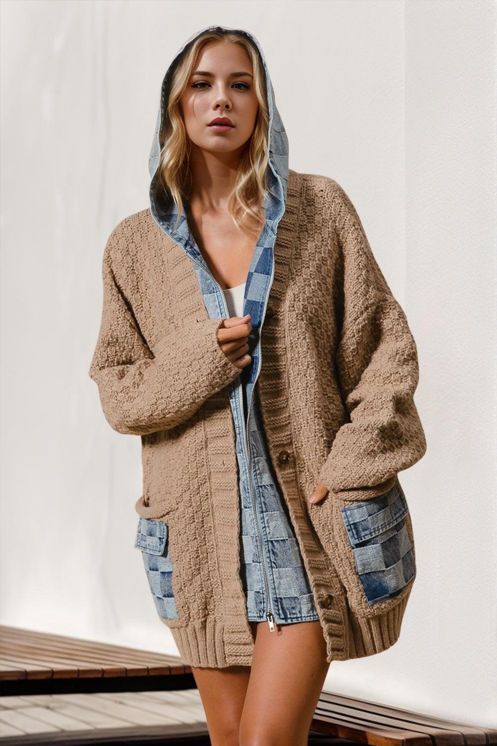 Denim Cardigans Kimonos – Outerwear Any | Double Take Full Hooded Spliced Sweater Cardigan - Modestly Vogue 