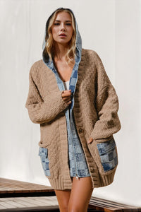 Denim Cardigans Kimonos – Outerwear Any | Double Take Full Hooded Spliced Sweater Cardigan - Modestly Vogue 