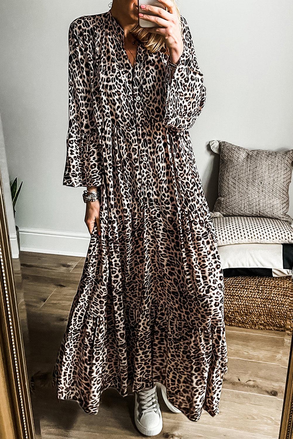 Apricot Leopard Print Tiered Wide Sleeve Maxi Dress - Modestly Vogue 