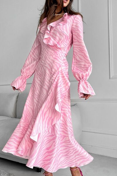 Zebra Print Ruffled Surplice Flounce Sleeve Dress - Modestly Vogue 