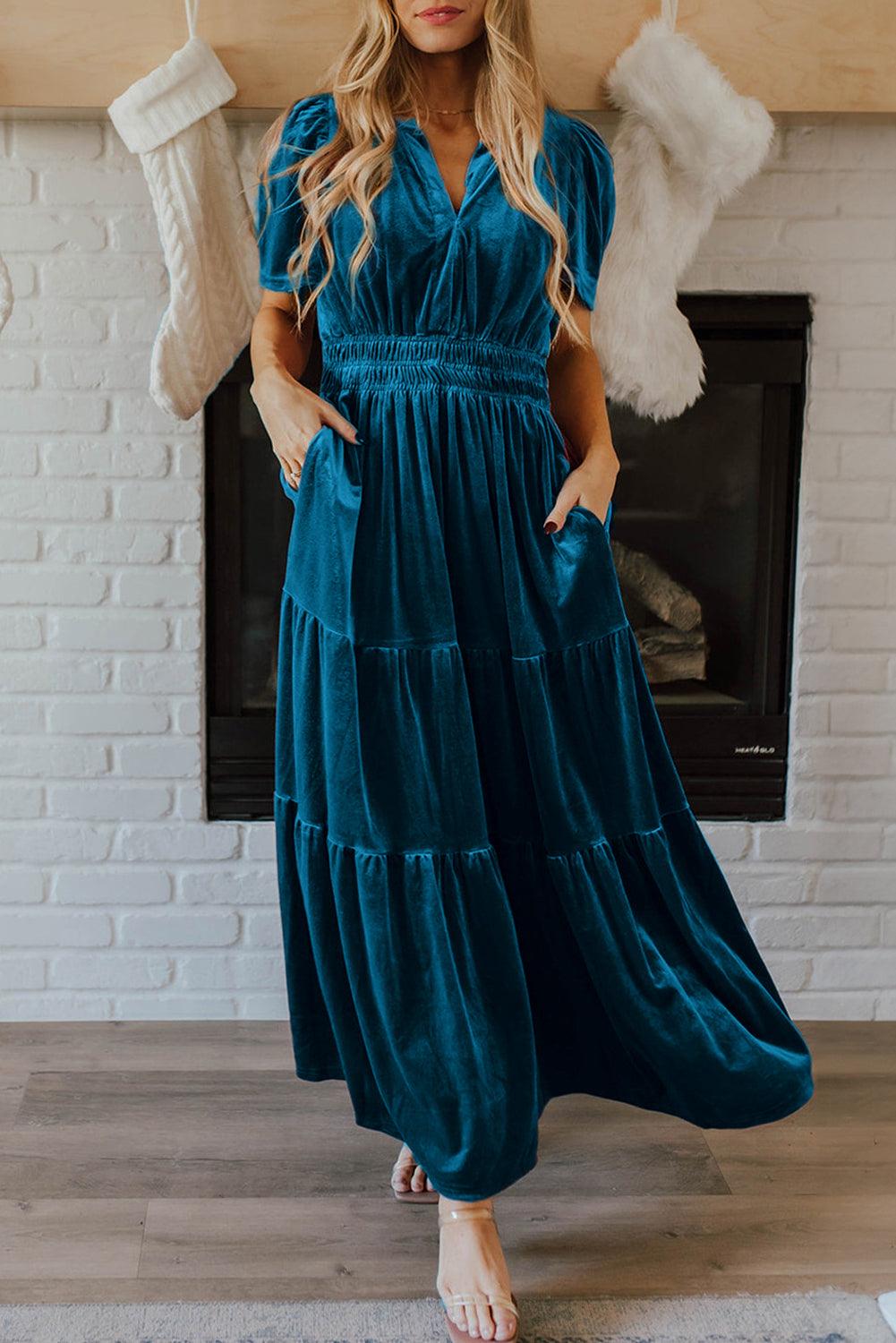 Prussian Blue Velvet Short Sleeve Shirred Waist Tiered Maxi Dress - Modestly Vogue 