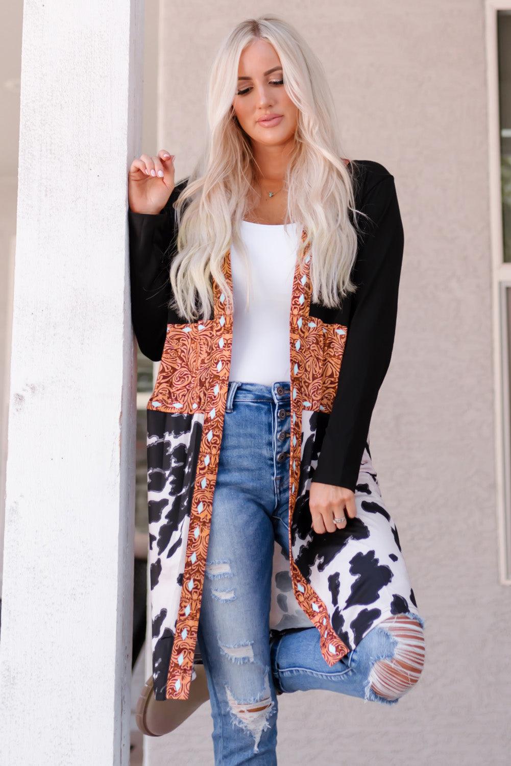 Black Western Pattern Cow Patchwork Open Front Cardigan - Modestly Vogue 