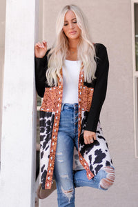 Black Western Pattern Cow Patchwork Open Front Cardigan - Modestly Vogue 