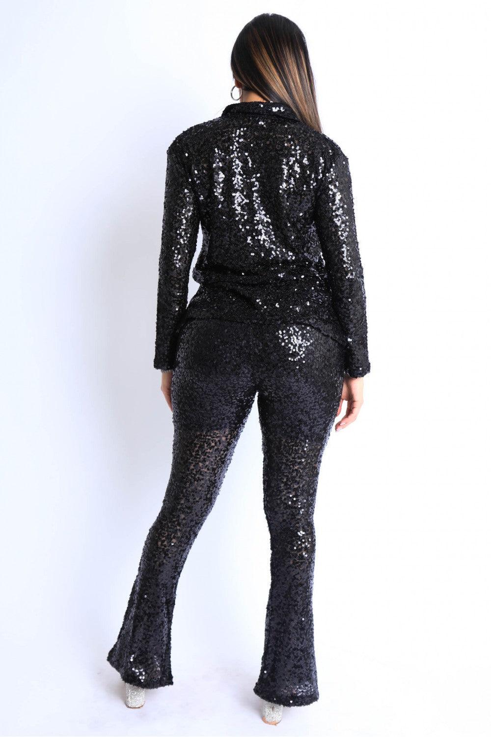 Sequin Button Down Shirt And Pant Set - Modestly Vogue 