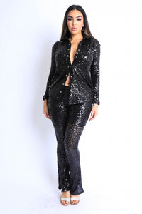 Sequin Button Down Shirt And Pant Set - Modestly Vogue 