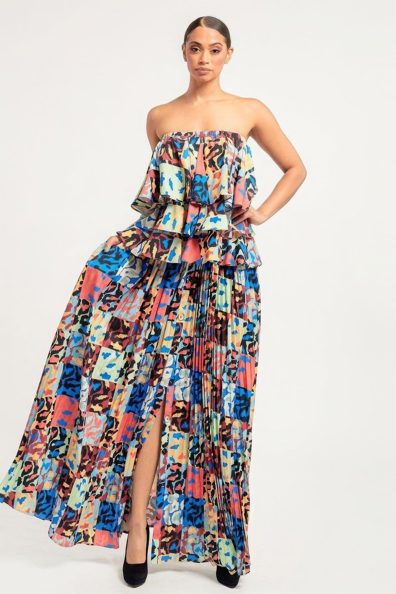 Dresses for Women – & Timeless Styles for Every Occasion | Printed Ruffle Top And Pleated Skirt Set - Modestly Vogue 