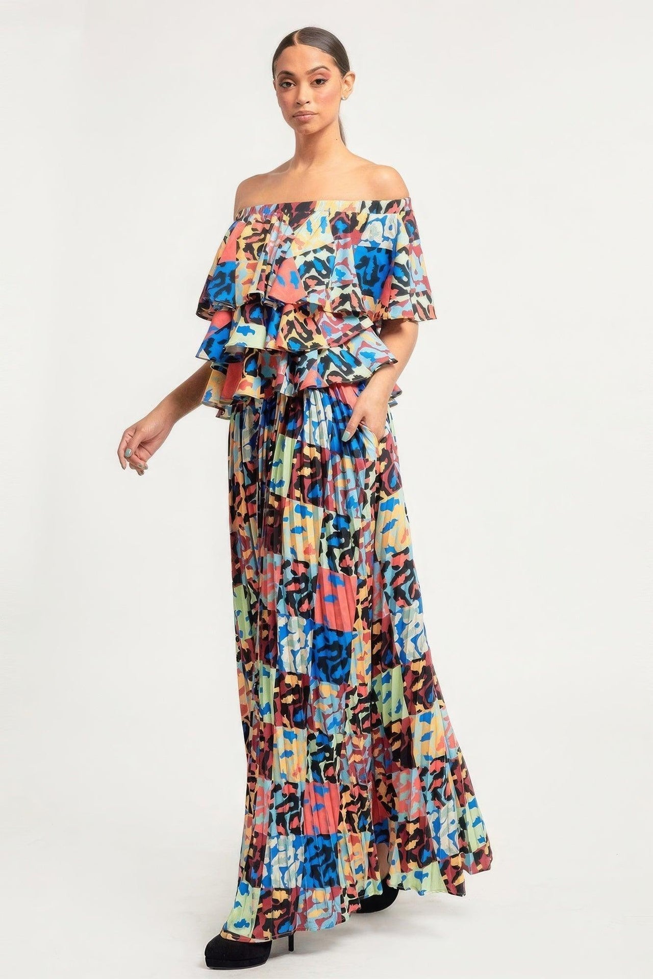 Dresses for Women – & Timeless Styles for Every Occasion | Printed Ruffle Top And Pleated Skirt Set - Modestly Vogue 