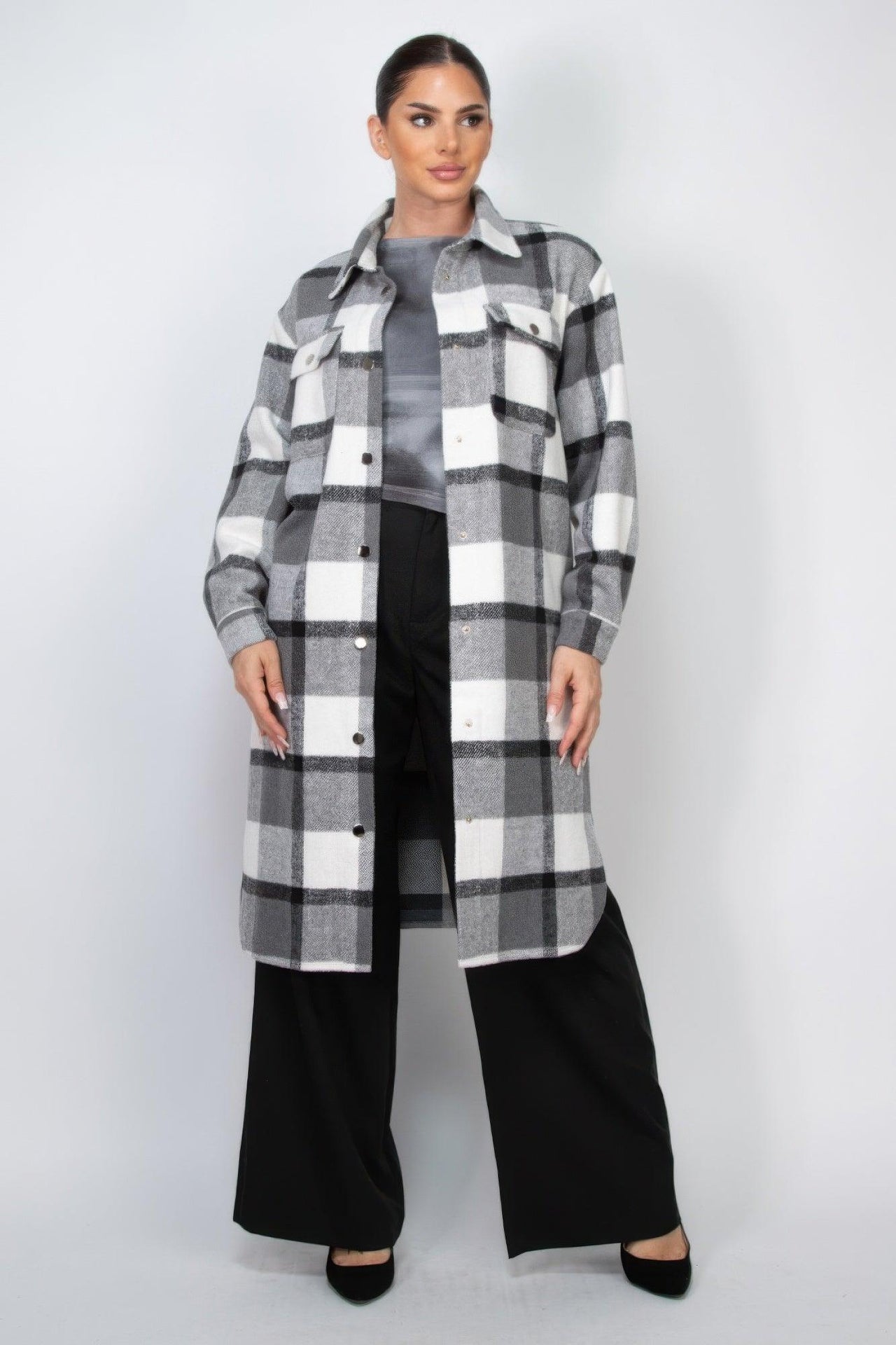 Stylish Cardigans & Kimonos for Women – Trendy & Versatile Outerwear for Any Occasion | Modestly Vogue Plaid Buttoned Shacket Coat - Modestly Vogue 