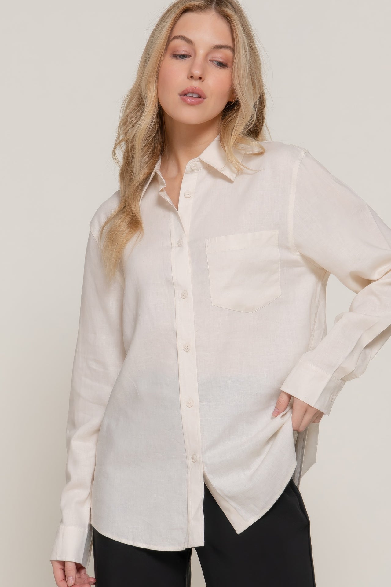 Long Sleeve Linen Blend Shirt - Modestly Vogue 