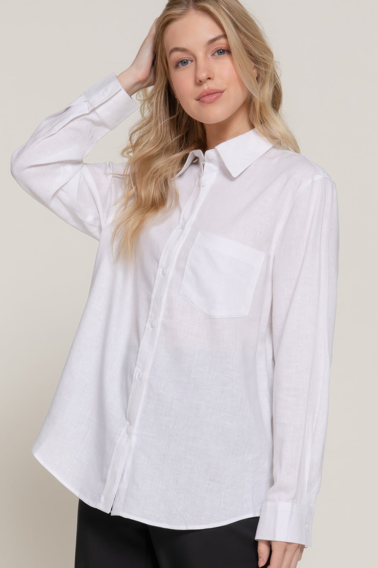 Long Sleeve Linen Blend Shirt - Modestly Vogue 