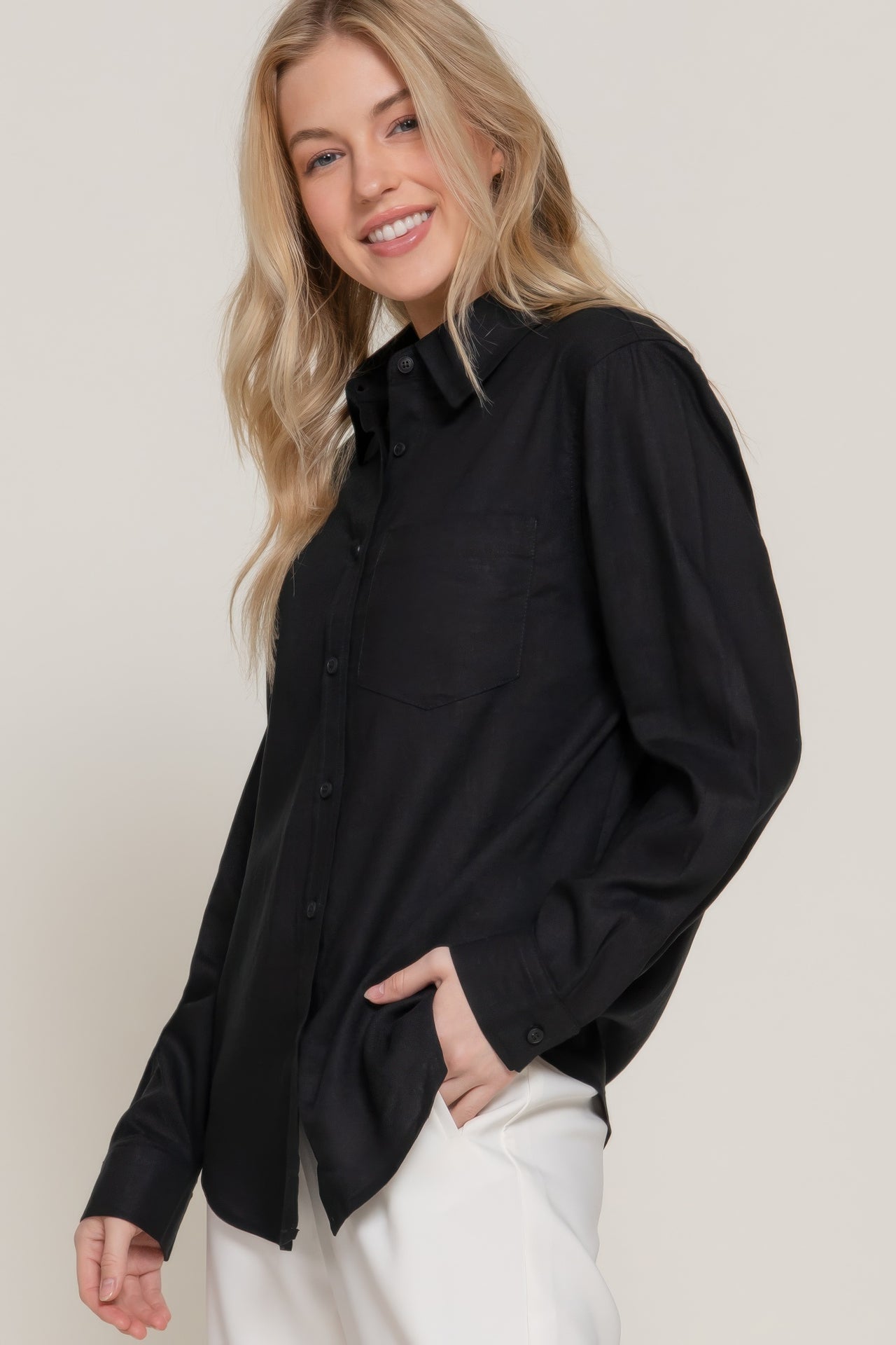 Long Sleeve Linen Blend Shirt - Modestly Vogue 