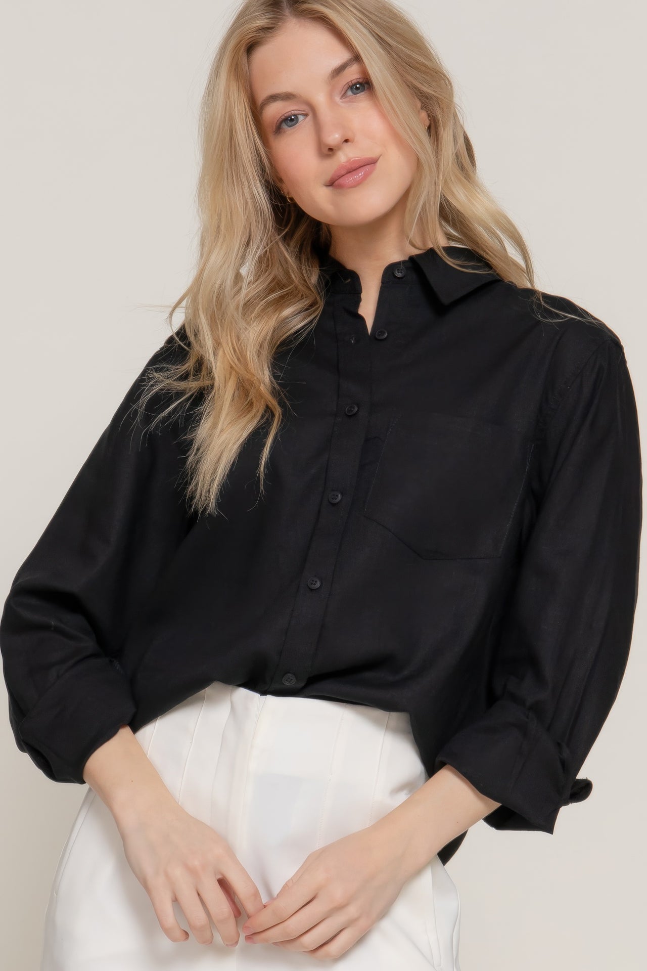 Long Sleeve Linen Blend Shirt - Modestly Vogue 