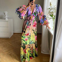 Dresses Women – Timeless Styles Every Occasion | Modestly Vogue Flattering Curvy Fit | Comtable Plus-Size Clothing | Modestly Vogue Summer Printed Gradient Color Ruffled V neck Slimming Maxi Dress Gown - Modestly Vogue 