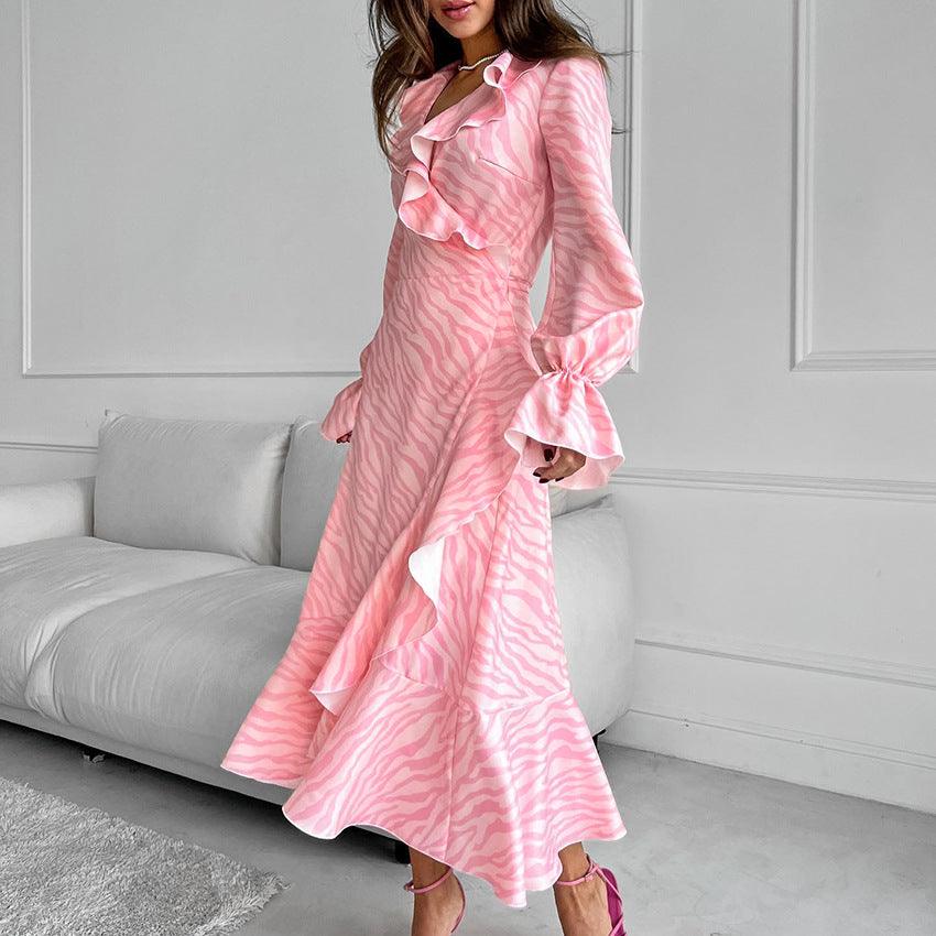 Dresses Women – Timeless Styles Every Occasion | Modestly Vogue Gentle Pink Elegant Ruffled V Neck Flared Sleeves Fishtail Dress Autumn Lace Up Maxi Dress - Modestly Vogue 