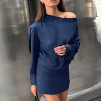 Stylish Dresses for Women – Trendy & Timeless Styles for Every Occasion | Modestly Vogue Autumn Winter Elegant Blue Elegant Thin Soft Matte Satin Irregular Asymmetric Collar Long Sleeved Slim Fit Short Dress Women - Modestly Vogue 