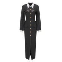 White Collar Black Long Sleeve Mesh Maxi Open Button Cardigan Dress - Modestly Vogue 