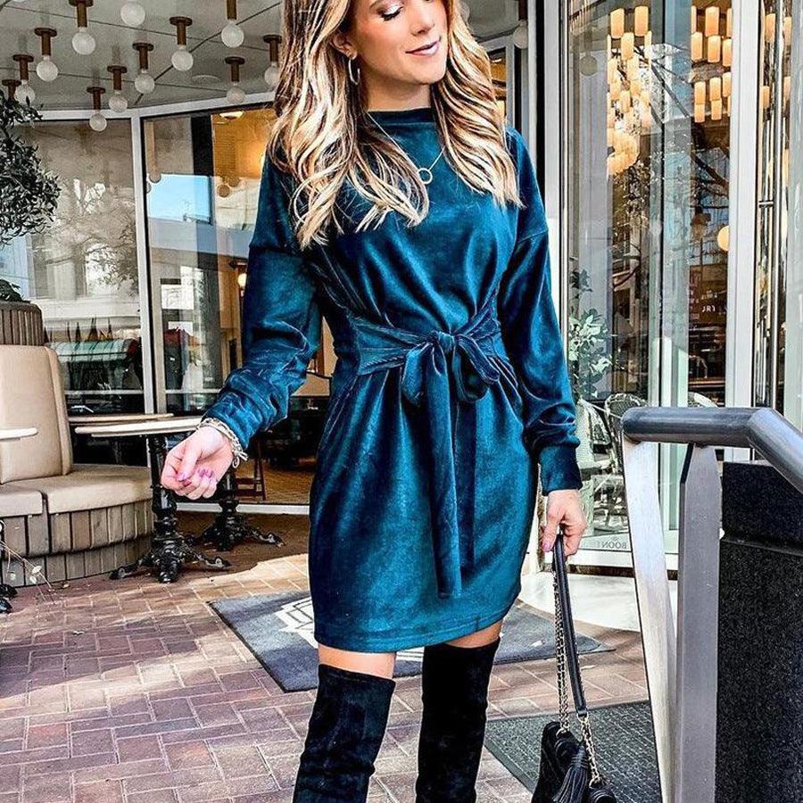 Stylish Dresses for Women – Trendy & Timeless Styles for Every Occasion | Modestly Vogue Autumn Winter Party Sexy Dress in Round Neck Tied Gold Velvet A line Dress - Modestly Vogue 