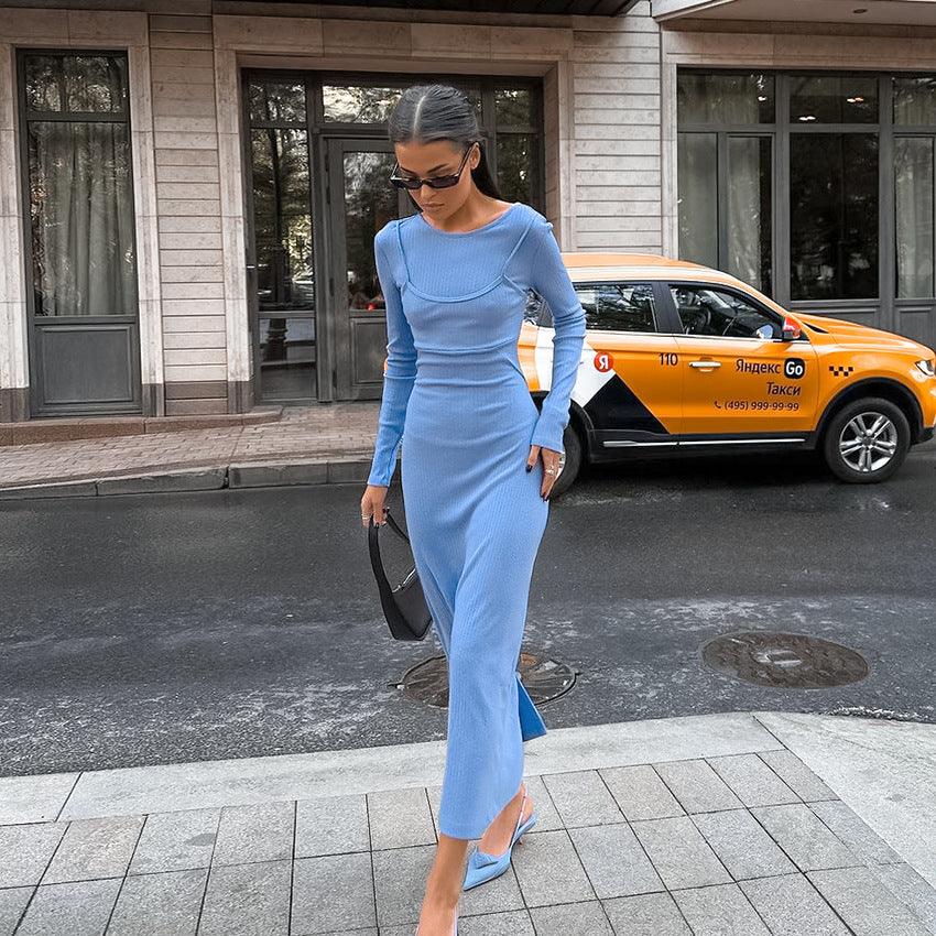 Dresses Women – Timeless Styles Every Occasion | Modestly Vogue Autumn Fresh Blue Slim Fit Sexy Design Knitted Sunken Stripe Round Neck Straight Split Dress - Modestly Vogue 