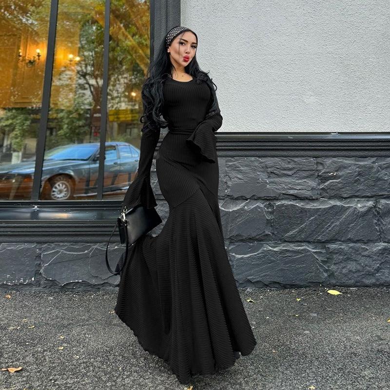 Dresses Women – Timeless Styles Every Occasion | Modestly Vogue Autumn Winter round Neck Waist Trimming Flared Long Sleeve Dress Elegant Fishtail Solid Color Dress - Modestly Vogue 