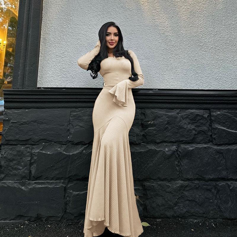 Dresses Women – Timeless Styles Every Occasion | Modestly Vogue Autumn Winter round Neck Waist Trimming Flared Long Sleeve Dress Elegant Fishtail Solid Color Dress - Modestly Vogue 