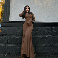 Dresses Women – Timeless Styles Every Occasion | Modestly Vogue Autumn Winter round Neck Waist Trimming Flared Long Sleeve Dress Elegant Fishtail Solid Color Dress - Modestly Vogue 