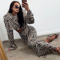 Long Sleeves Cropped Top Suit Skirt Two Piece Set High Sense High Waist Fishtail Skirt Zebra Women Striped - Modestly Vogue 