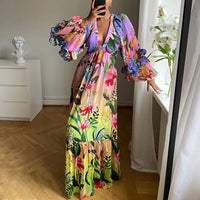 Dresses Women – Timeless Styles Every Occasion | Modestly Vogue Flattering Curvy Fit | Comtable Plus-Size Clothing | Modestly Vogue Summer Printed Gradient Color Ruffled V neck Slimming Maxi Dress Gown - Modestly Vogue 