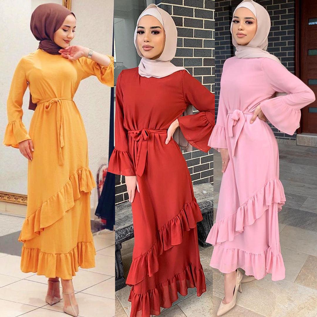 Modest Fashion Collection – Stylish & Elegant Modest Clothing for Women | Modestly Vogue Women Muslim Ethnic Maxi Dress Ruffled Patchwork Flared Sleeves Dress - Modestly Vogue 