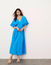 Dresses Women – Timeless Styles Every Occasion | Modestly Vogue Blue Color V Neck Pleated Dress Loose Elegant Socialite Dress - Modestly Vogue 