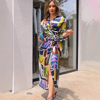 Dresses Women – Timeless Styles Every Occasion | Modestly Vogue Autumn Personalized Printed V neck Belt Long Sleeve Slim Maxi Dress - Modestly Vogue 