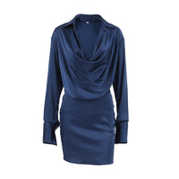 Stylish Dresses for Women – Trendy & Timeless Styles for Every Occasion | Modestly Vogue Autumn Winter Elegant Blue Elegant Thin Soft Matte Satin Irregular Asymmetric Collar Long Sleeved Slim Fit Short Dress Women - Modestly Vogue 