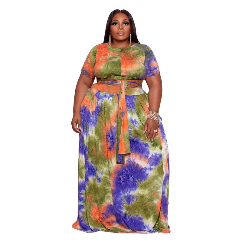 Curvy Fit | & Plus-Size Clothing | Plus Size Tie-Dyed Solid Color Casual Set Women Two-Piece Suit - Modestly Vogue 