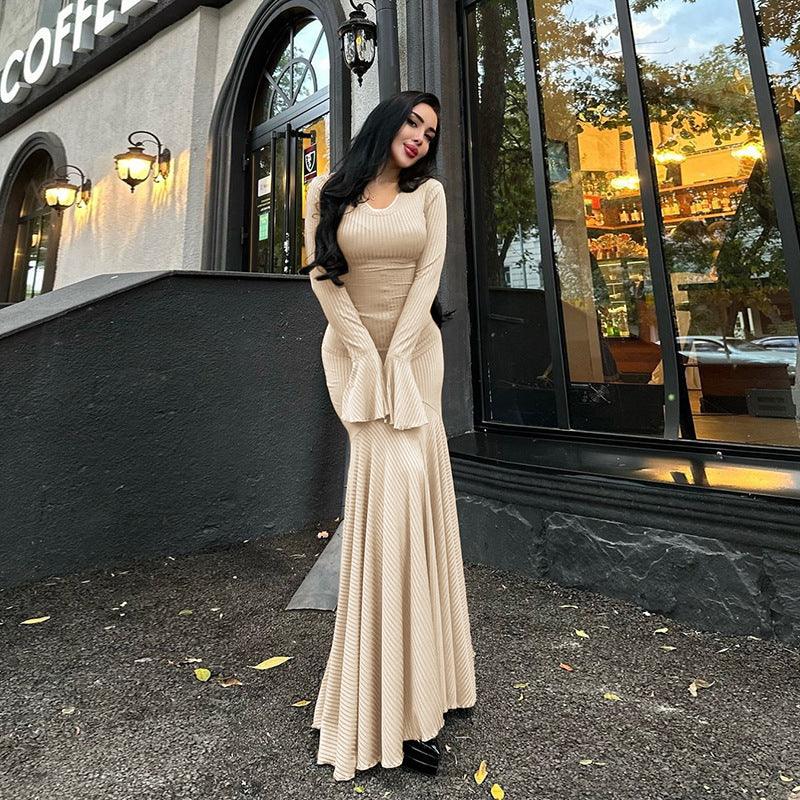 Dresses Women – Timeless Styles Every Occasion | Modestly Vogue Autumn Winter round Neck Waist Trimming Flared Long Sleeve Dress Elegant Fishtail Solid Color Dress - Modestly Vogue 