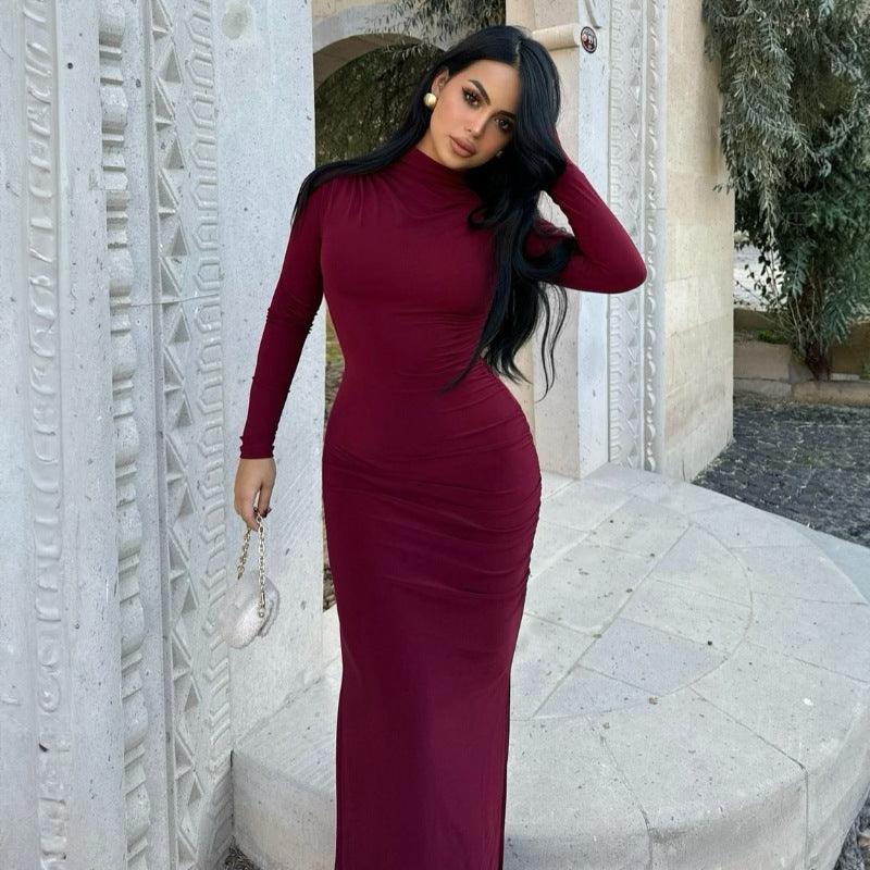 Stylish Dresses for Women – Trendy & Timeless Styles for Every Occasion | Modestly Vogue Autumn Winter Simple Stand Collar Long Sleeve Slim Sheath Side Slit Solid Color Dress - Modestly Vogue 