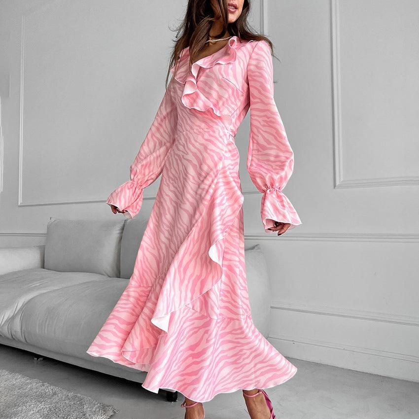 Dresses Women – Timeless Styles Every Occasion | Modestly Vogue Gentle Pink Elegant Ruffled V Neck Flared Sleeves Fishtail Dress Autumn Lace Up Maxi Dress - Modestly Vogue 