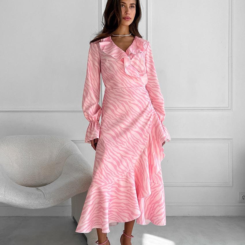 Dresses Women – Timeless Styles Every Occasion | Modestly Vogue Gentle Pink Elegant Ruffled V Neck Flared Sleeves Fishtail Dress Autumn Lace Up Maxi Dress - Modestly Vogue 