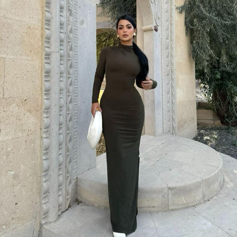 Stylish Dresses for Women – Trendy & Timeless Styles for Every Occasion | Modestly Vogue Autumn Winter Simple Stand Collar Long Sleeve Slim Sheath Side Slit Solid Color Dress - Modestly Vogue 