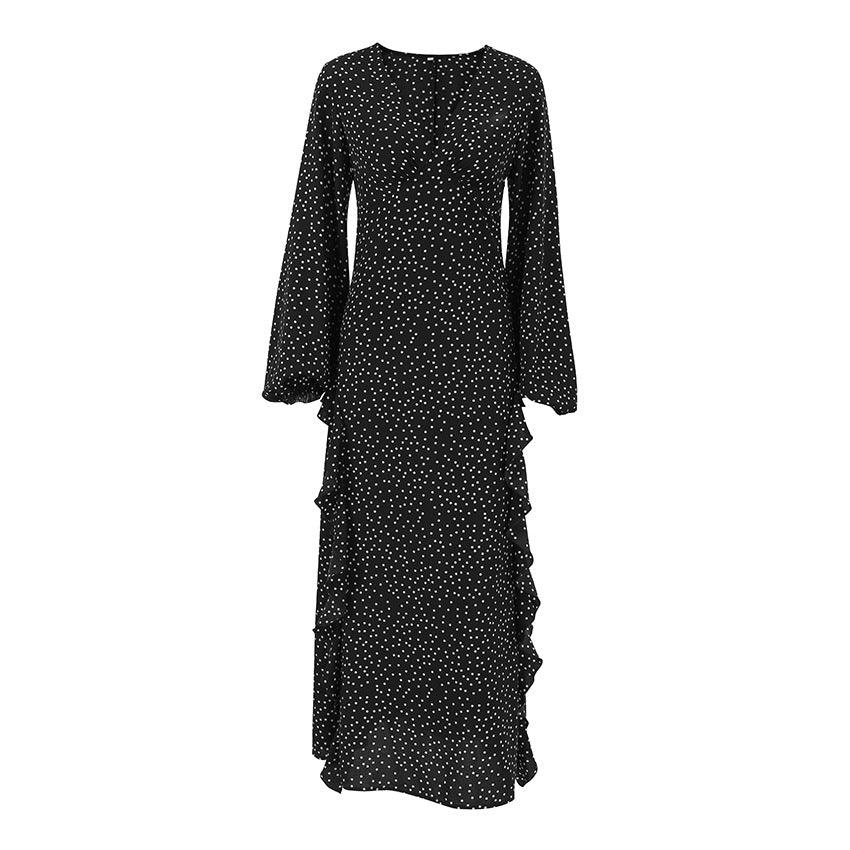 Dresses Women – Timeless Styles Every Occasion | Modestly Vogue Retro V neck Puff Sleeve Polka Dot All Matching Long Sleeve Ruffled Elegant Slim Fit Slimming Dress Women - Modestly Vogue 