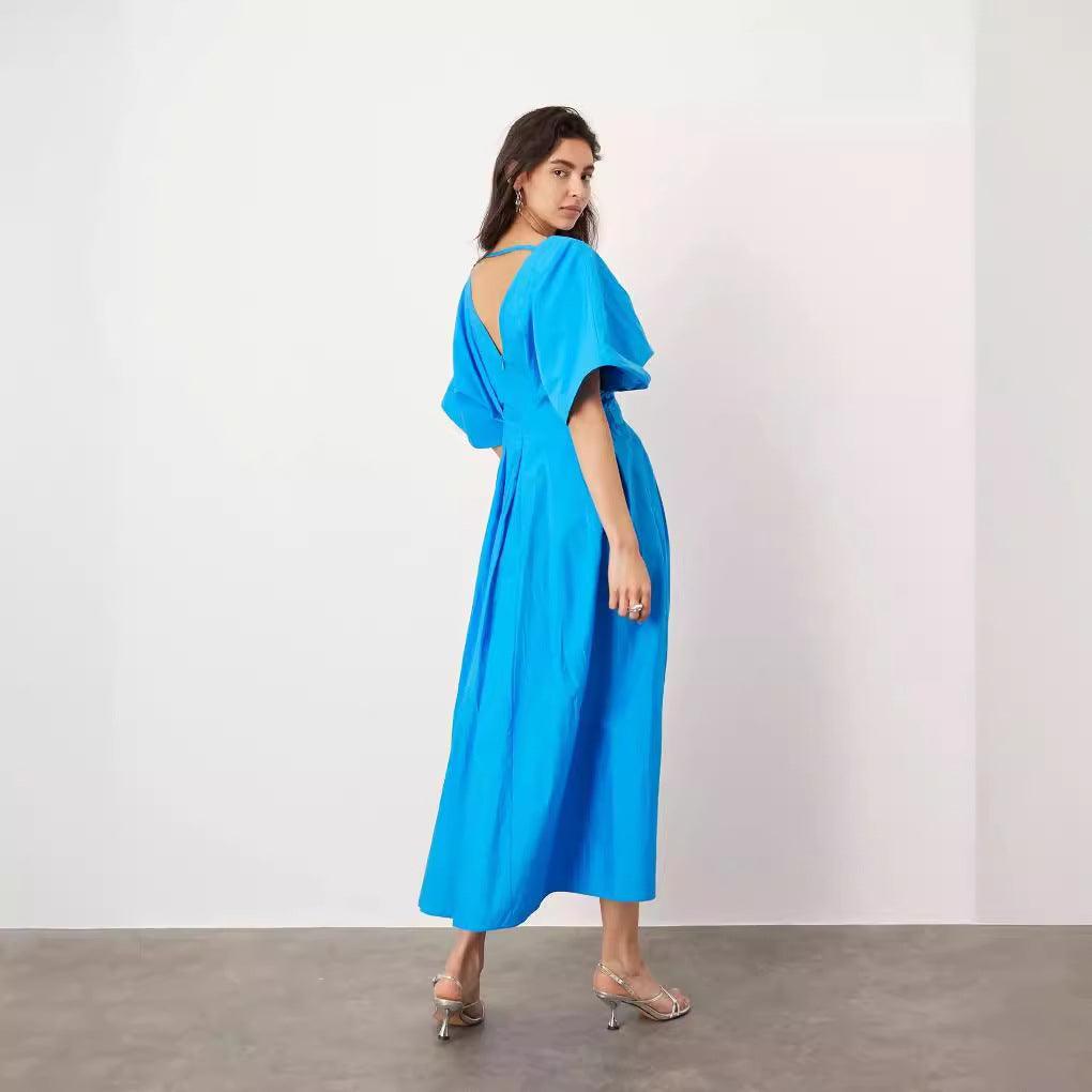 Dresses Women – Timeless Styles Every Occasion | Modestly Vogue Blue Color V Neck Pleated Dress Loose Elegant Socialite Dress - Modestly Vogue 