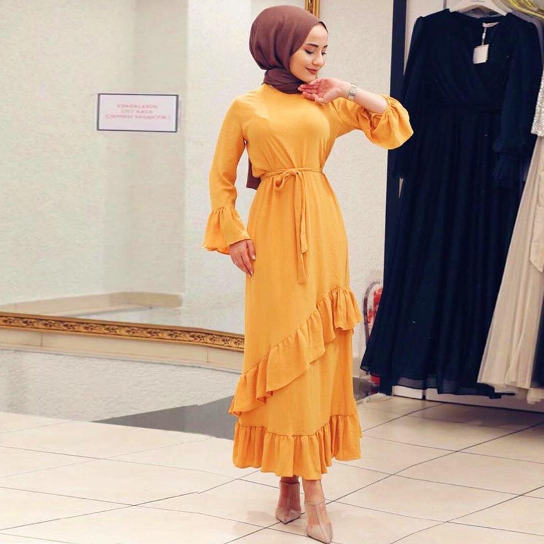 Modest Fashion Collection – Stylish & Elegant Modest Clothing for Women | Modestly Vogue Women Muslim Ethnic Maxi Dress Ruffled Patchwork Flared Sleeves Dress - Modestly Vogue 