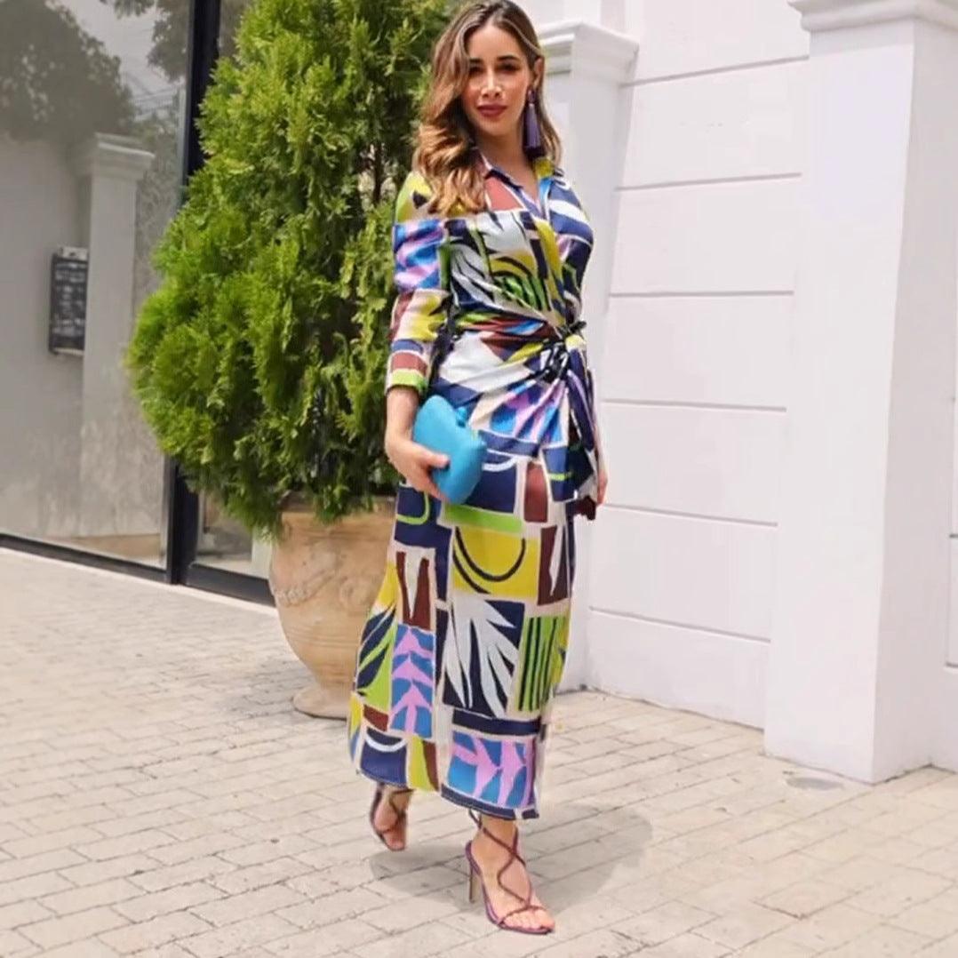 Dresses Women – Timeless Styles Every Occasion | Modestly Vogue Autumn Personalized Printed V neck Belt Long Sleeve Slim Maxi Dress - Modestly Vogue 