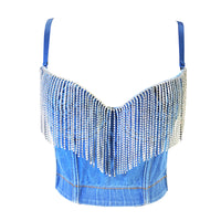 Denim Rhinestone Tassel Corset Tube Top – Sculpted & Sparkly
