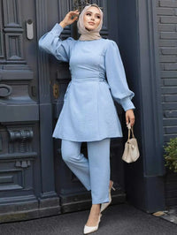 2 Piece Set for Muslim Women Long Sleeve Lace Up Tops and Pants Sets