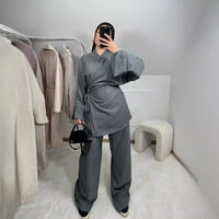 Two Piece Set Women Muslim Blouse Lace Up Wide Leg Pants Suit Eid