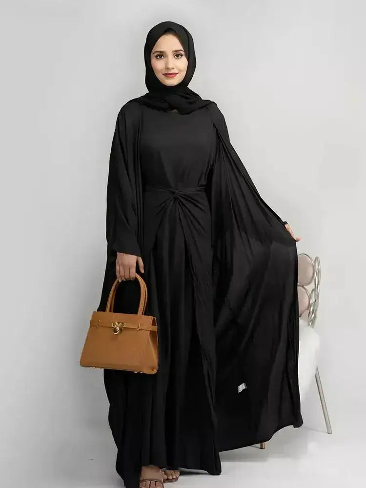 "3 Piece Abaya Kimono Matching Set Linen Open Abayas for Women