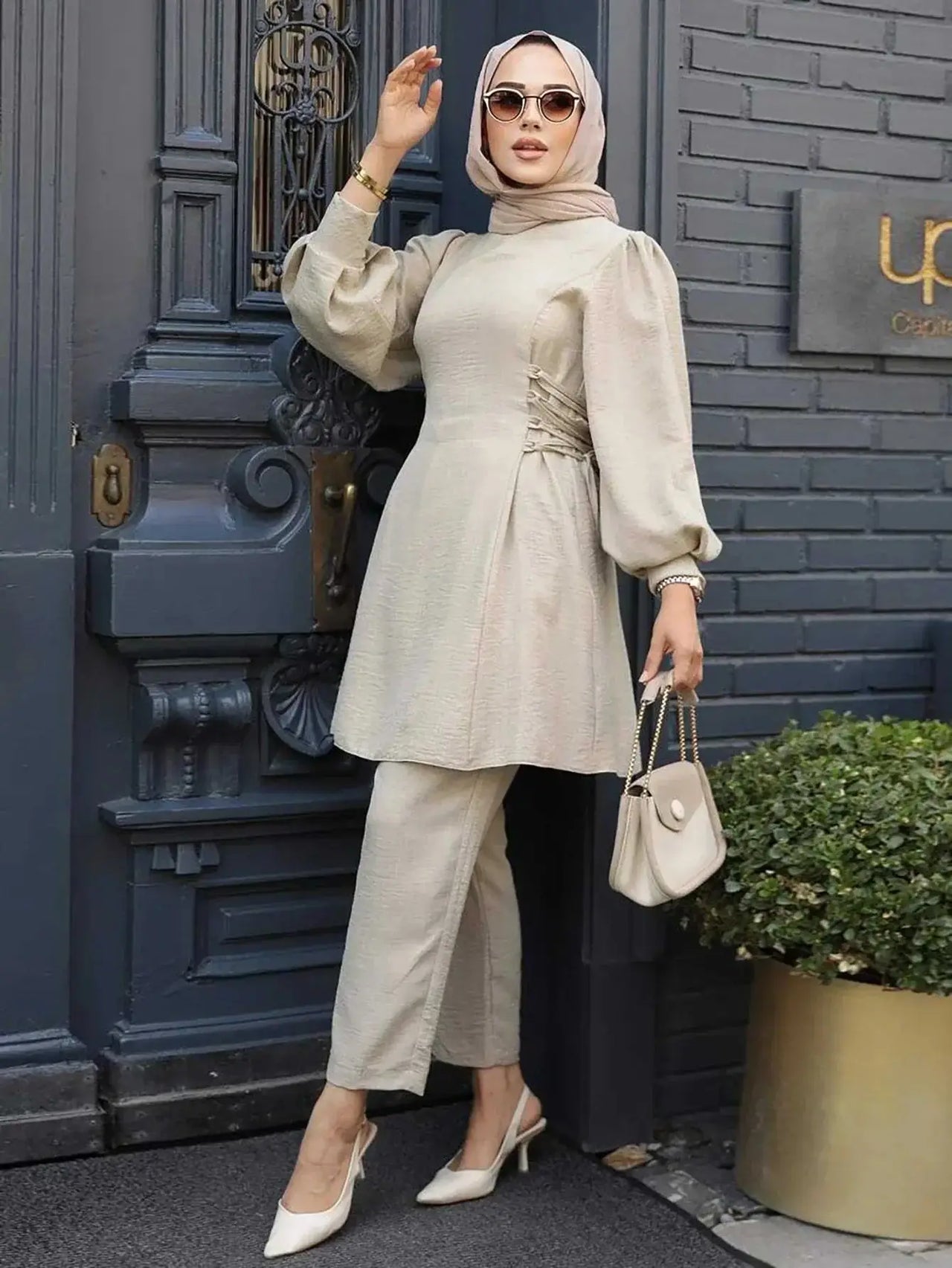 2 Piece Set for Muslim Women Long Sleeve Lace Up Tops and Pants Sets