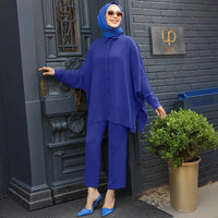 2 Piece Set for Muslim Women Long Sleeve Lace Up Tops and Pants Sets