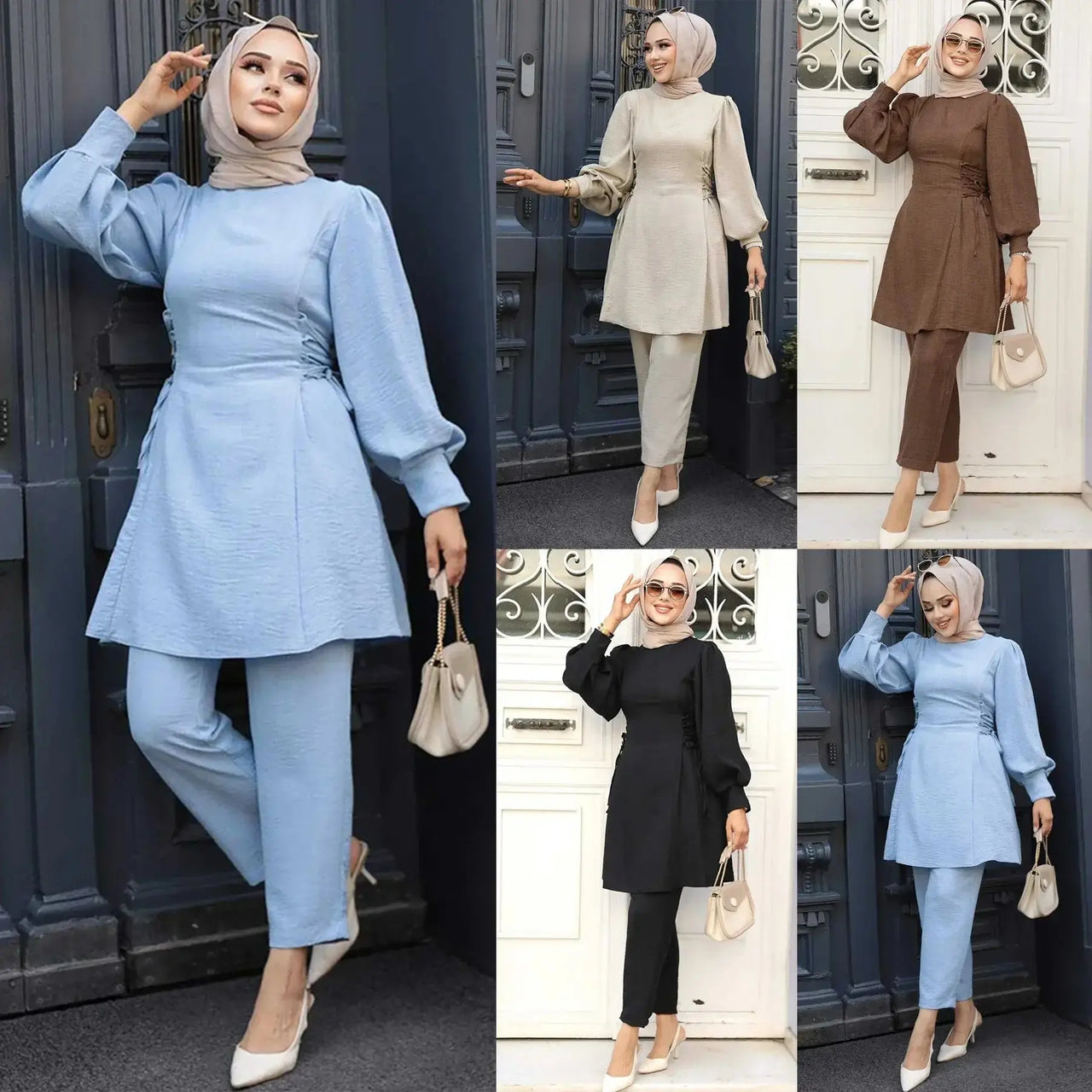 2 Piece Set for Muslim Women Long Sleeve Lace Up Tops and Pants Sets